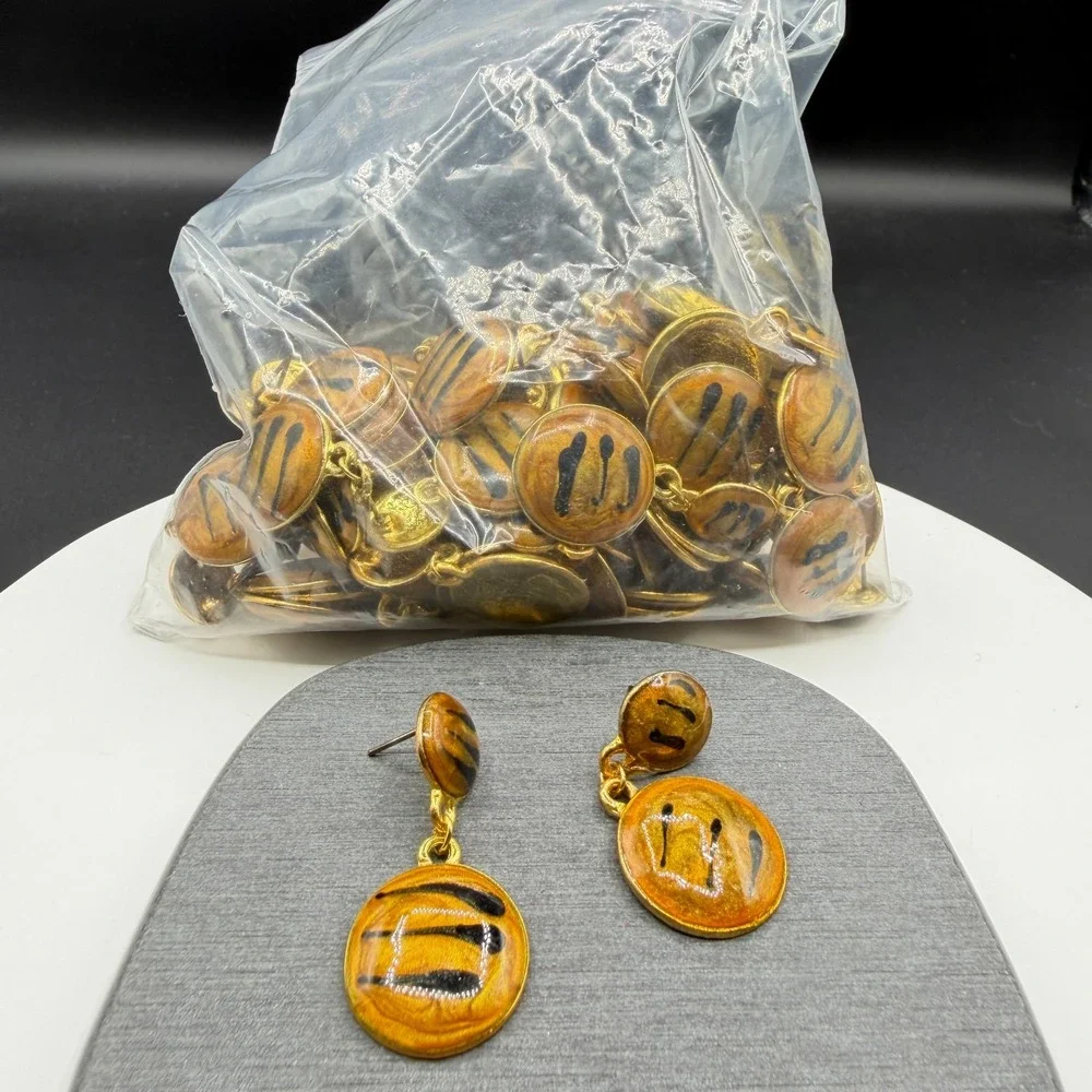 Gold & Amber Tone Enamel Abstract Dangle Drop Earrings Artisan Statement Jewelry
